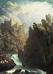 The Bard, by John Martin [1817], public domain image. Image from artmagick.com. A lone bard curses a departing army in a romantic setting.
